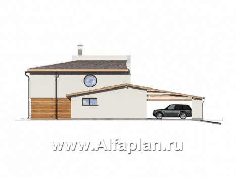 Проект двухэтажного дома из газобетона, с террасой, планировка гостиная на 1 и на 2 эт, с навесом на 2 авто, в стиле минимализм - превью фасада дома