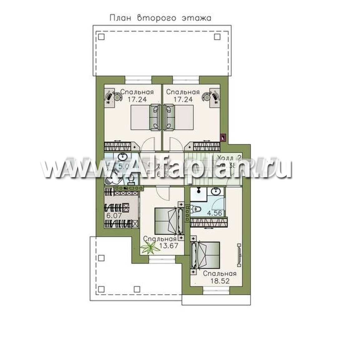 «Белая ночь» - проект дома с фото, мансарда, план мастер спальня, колонны со стороны входа, с гаражом, в классическом стиле - план дома