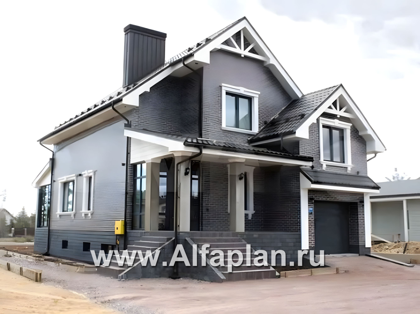 «Белая ночь» - проект дома с фото, мансарда, план мастер спальня, колонны со стороны входа, с гаражом, в классическом стиле - основное изображение