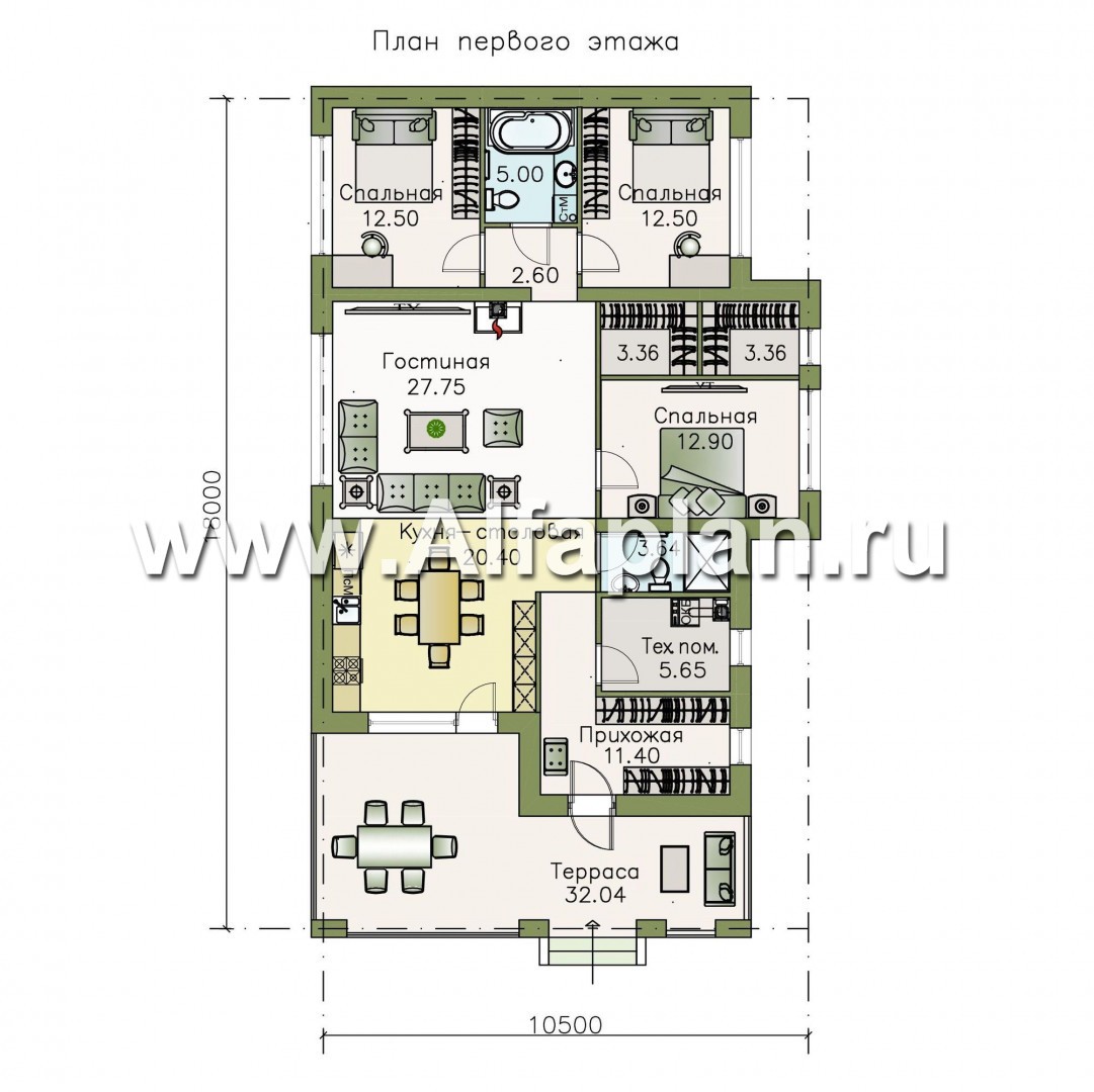 «Гестия» - проект одноэтажного дома, с большой террасой со стороны входа, в современном стиле - план дома
