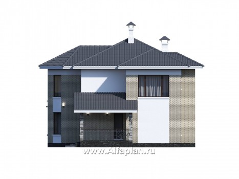 «Меркурий» - проект двухэтажного дома, с эркером и с террасой, планировка мастер спальня и гараж на 1 авто - превью фасада дома
