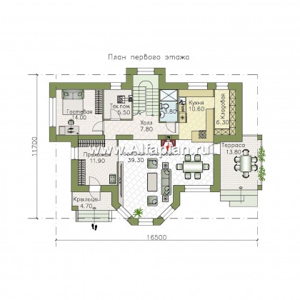 «Меркурий» - проект двухэтажного дома, с эркером и с террасой, планировка мастер спальня и гараж на 1 авто - превью план дома