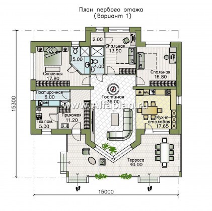 «Вектор» - проект одноэтажного дома, планировка дома с эркером и с террасой, с островным камином - превью план дома