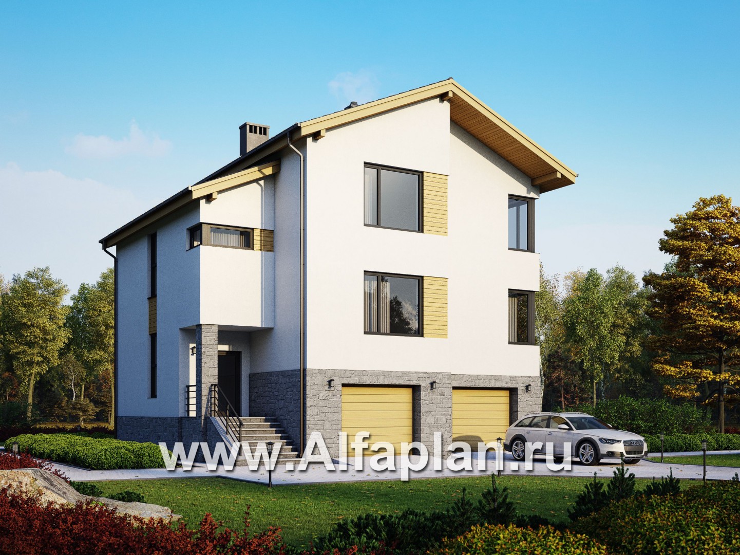 Проект трехэтажного дома, с гаражом на 2 авто и с сауной в цоколе на уровне земли, в современном стиле - основное изображение