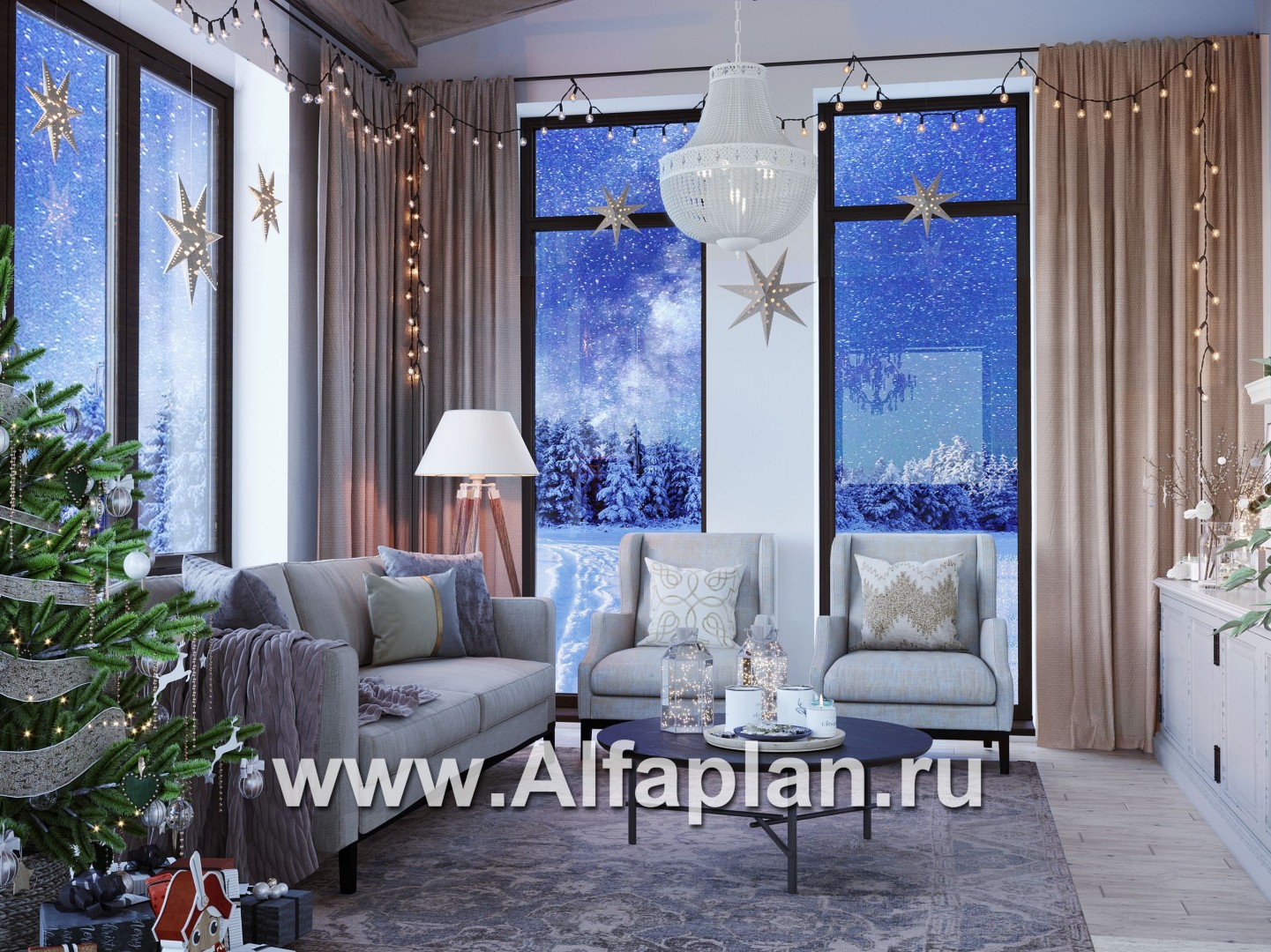 Проект современного загородного дома, планировка с высокой гостиной, две спальни на 1 эт - дизайн дома №1