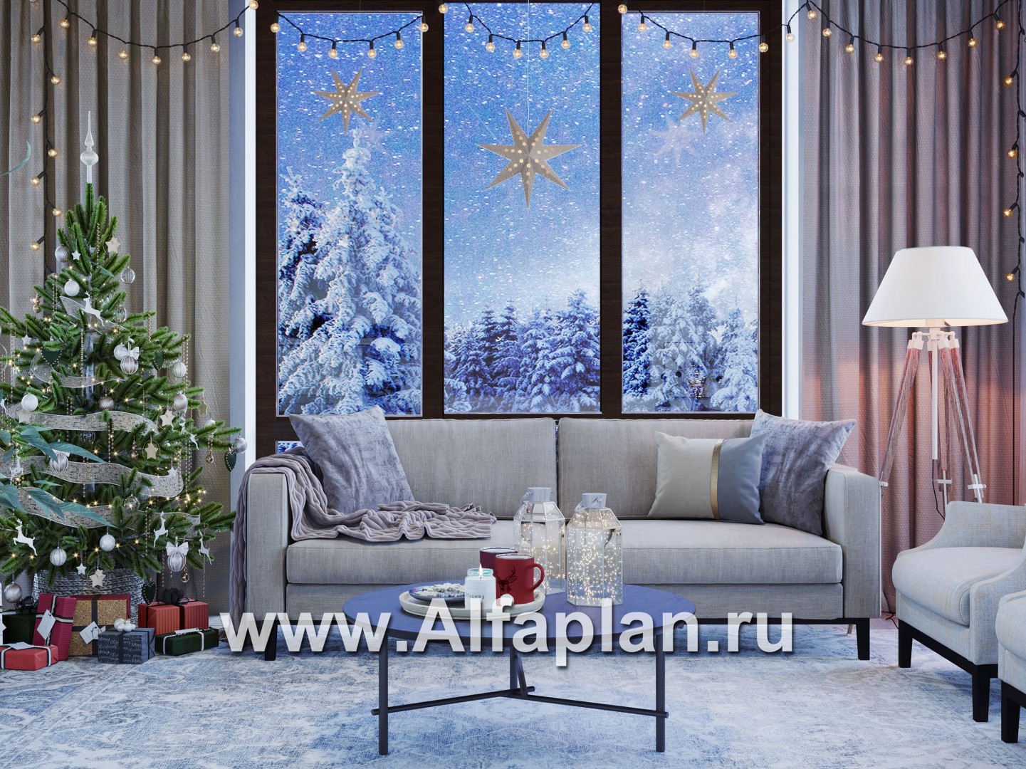 Проект современного загородного дома, планировка с высокой гостиной, две спальни на 1 эт - дизайн дома №2