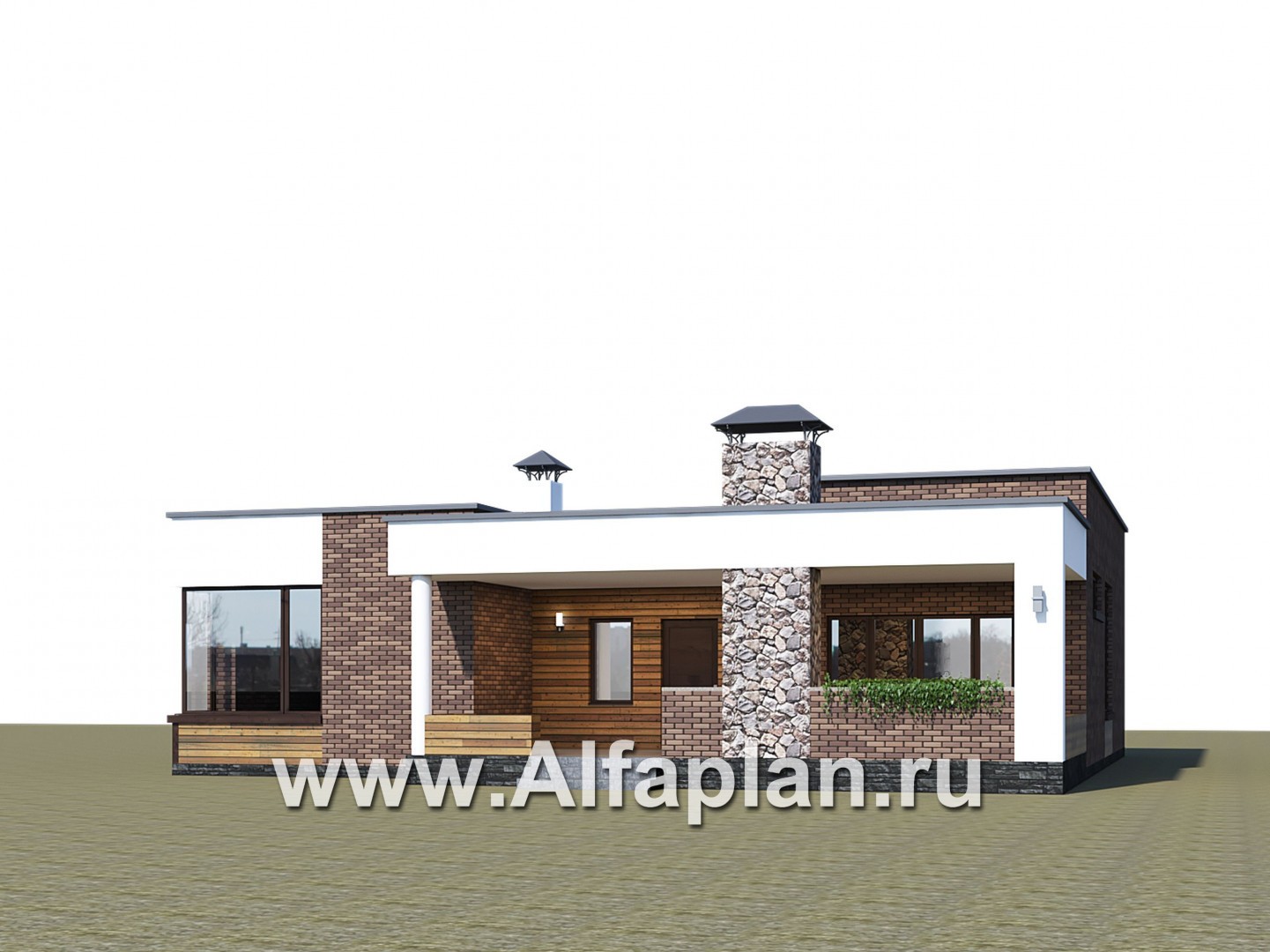 «Фортис» - проект одноэтажного дома с плоской кровлей, и грилем на террасе, в стиле минимализм - дизайн дома №1