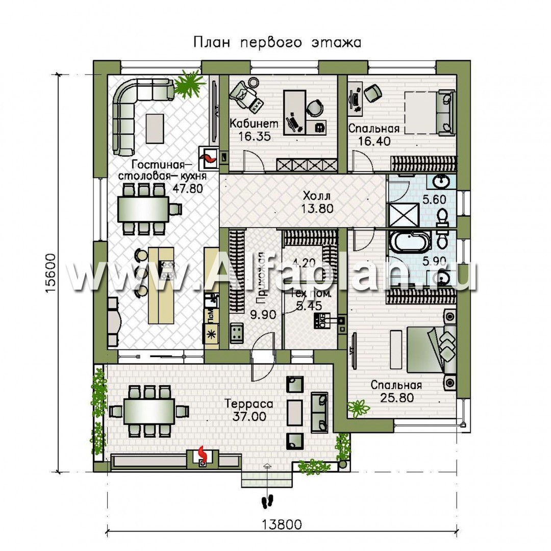 «Фортис» - проект одноэтажного дома с плоской кровлей, и грилем на террасе, в стиле минимализм - план дома