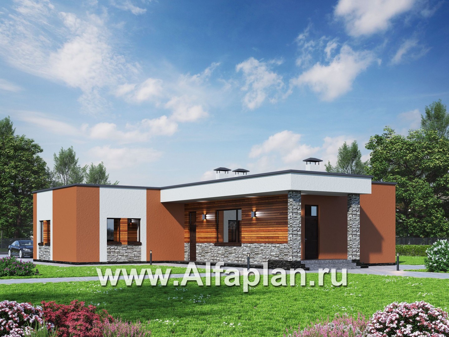 Проект гаража на 4 авто, и баня с сауной и хамам, с плоской кровлей - основное изображение