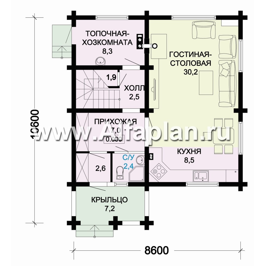Проект деревянного дома с мансардой, из бревен, 3 спальни - план дома