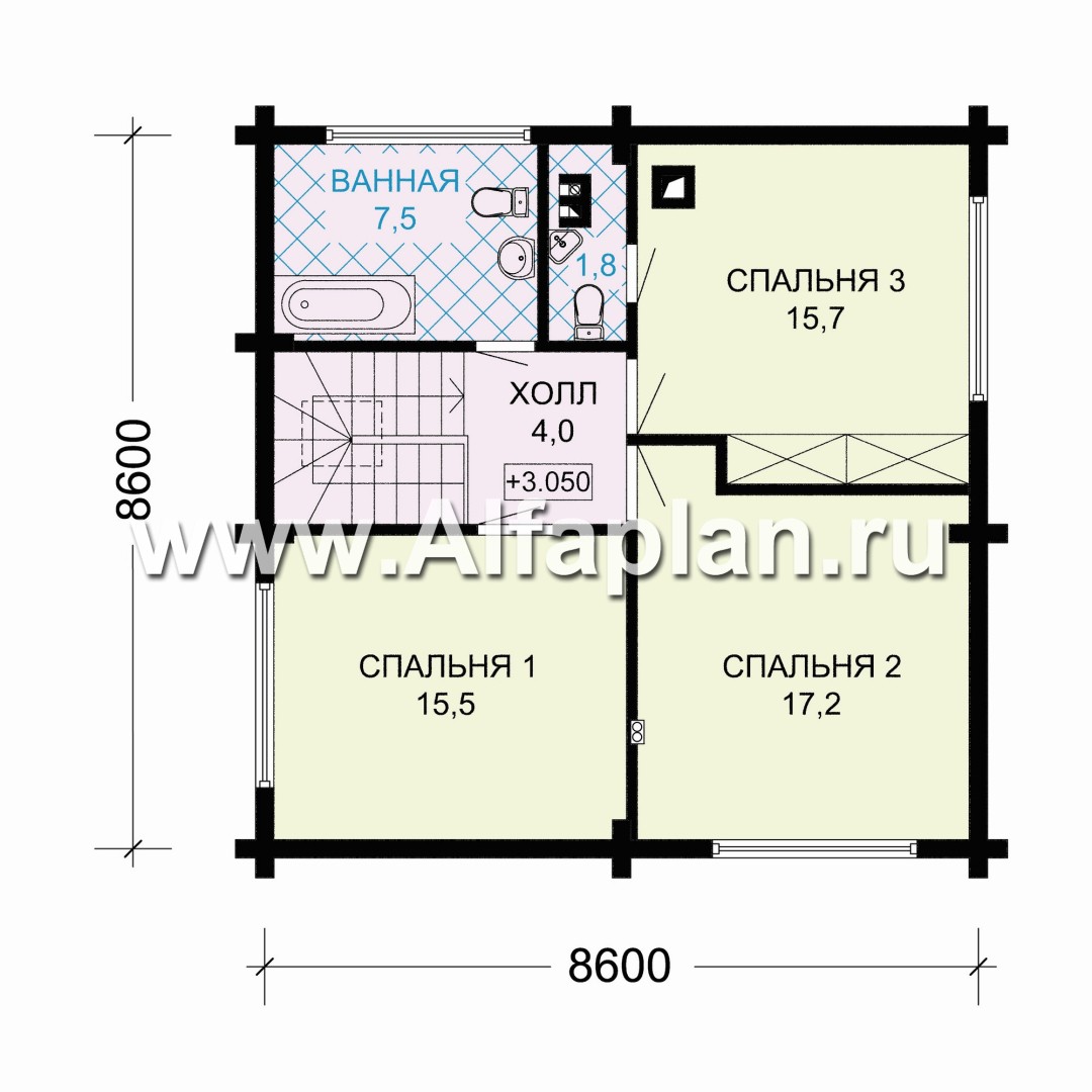 Проект деревянного дома с мансардой, из бревен, 3 спальни - план дома