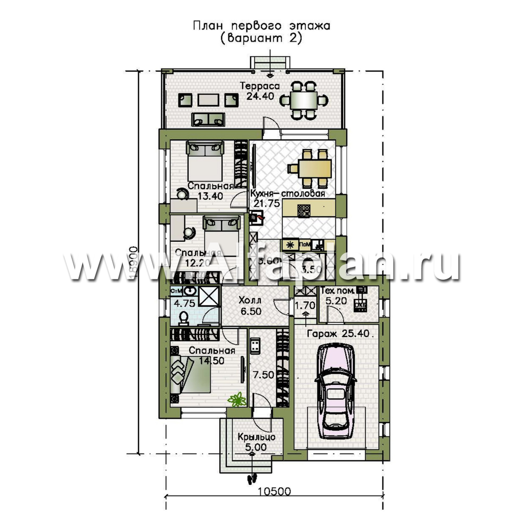 «Свежесть» - проект одноэтажного дома из газобетона, с террасой и с гаражом, с односкатной крышей - план дома