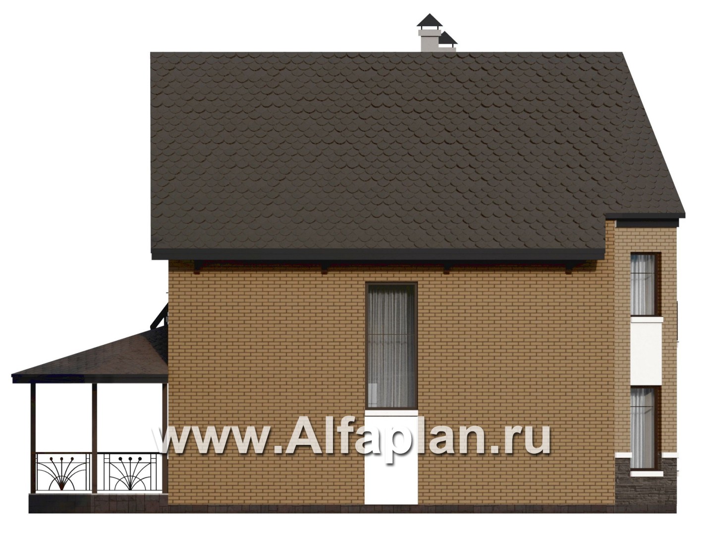 «Аврора» - проект двухэтажного дома из газобетона с эркером, с кабинетом и с террасой - фасад дома