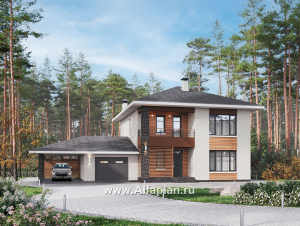 «Ладога» - проект двухэтажного дома из газобетона, в современном стиле, с террасой, планировка с гаражом