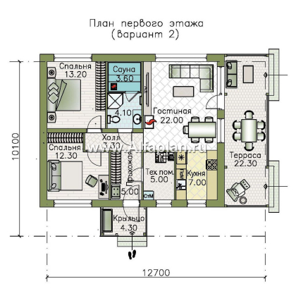 «Литен» - проект простого одноэтажного дома, планировка 2 спальни, с террасой и двускатной крышей - превью план дома