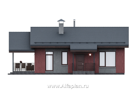 «Литен» - проект простого одноэтажного дома, планировка 2 спальни, с террасой и двускатной крышей - превью фасада дома