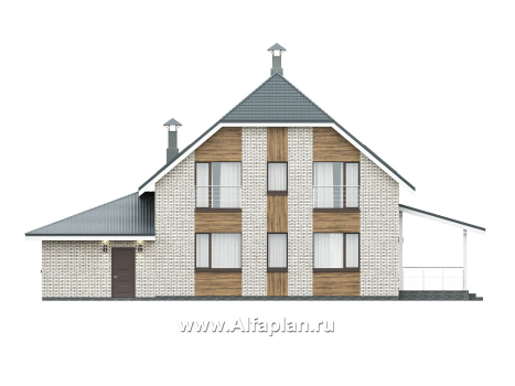«Династия» - проект дома с мансардой, мастер спальня, с террасой сбоку и гаражом с мастерской - превью фасада дома