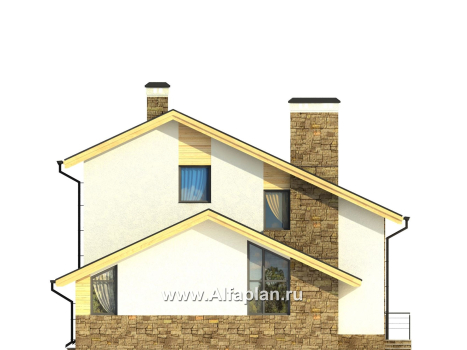 Проект дома с мансардой с фото, с кабинетом на 1 эт и с террасой, кирпичный коттедж в стиле хай-тек - превью фасада дома