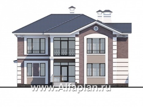«Орлов» - проект двухэтажного дома из газобетона, с террасой и балконом, планировка с лестницей в центре - превью фасада дома