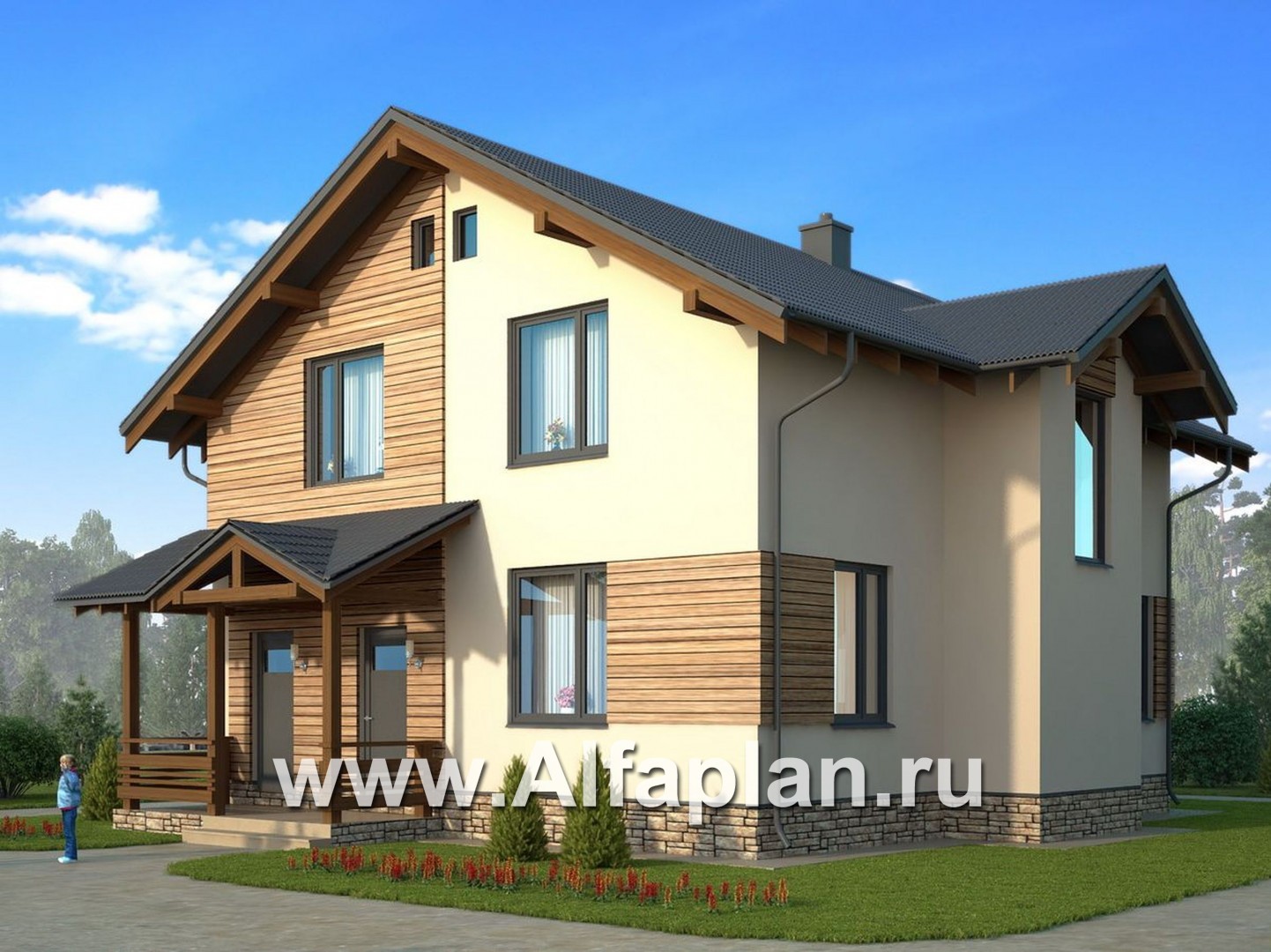 Проект дома из газобетона с мансардой, план с кабинетом на 1 эт, в стиле шале - дизайн дома №1