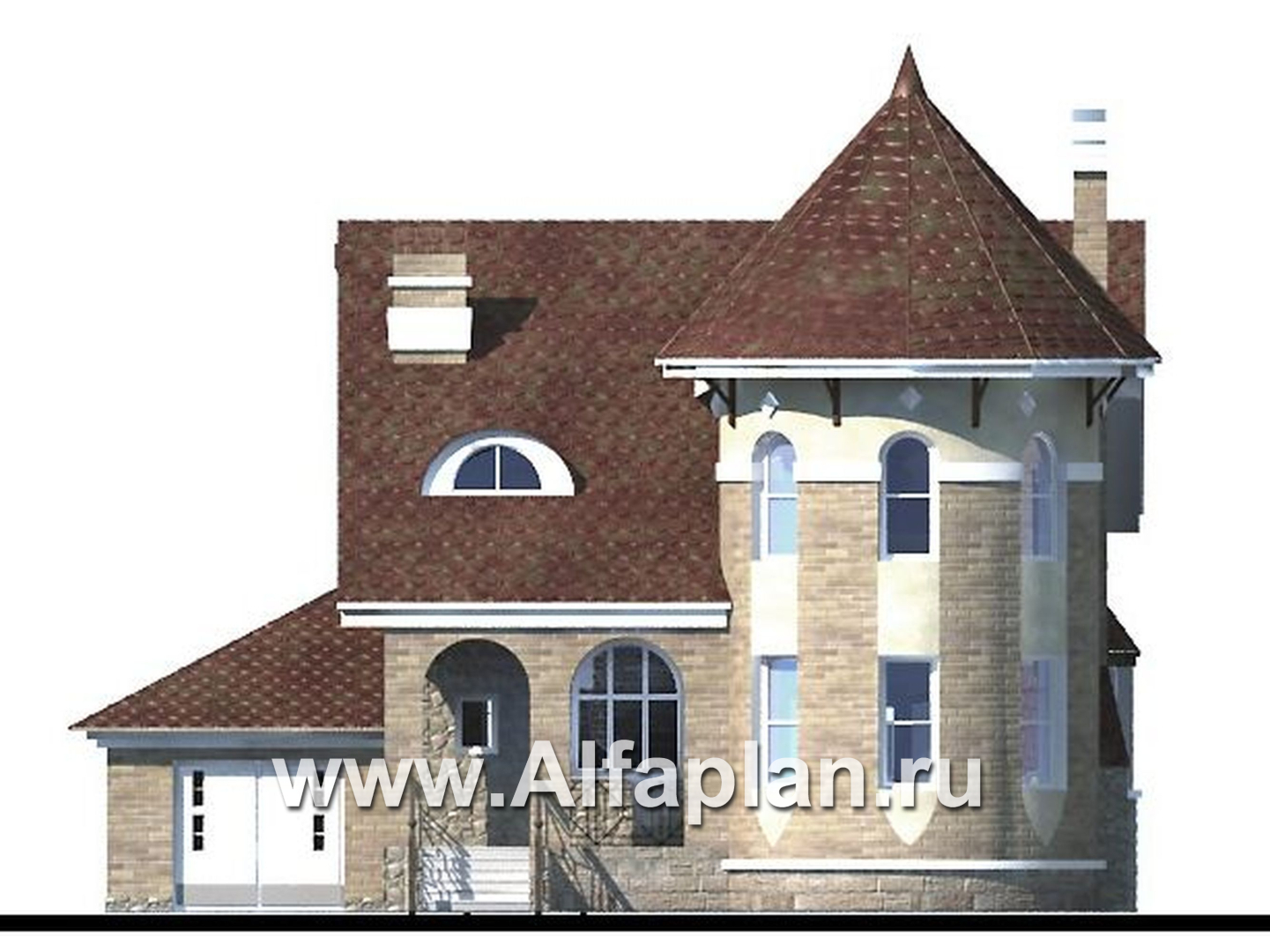 «Камелот» -  проект двухэтажного дома, с эркером башня, с террасой и с гаражом, в стиле замка - фасад дома