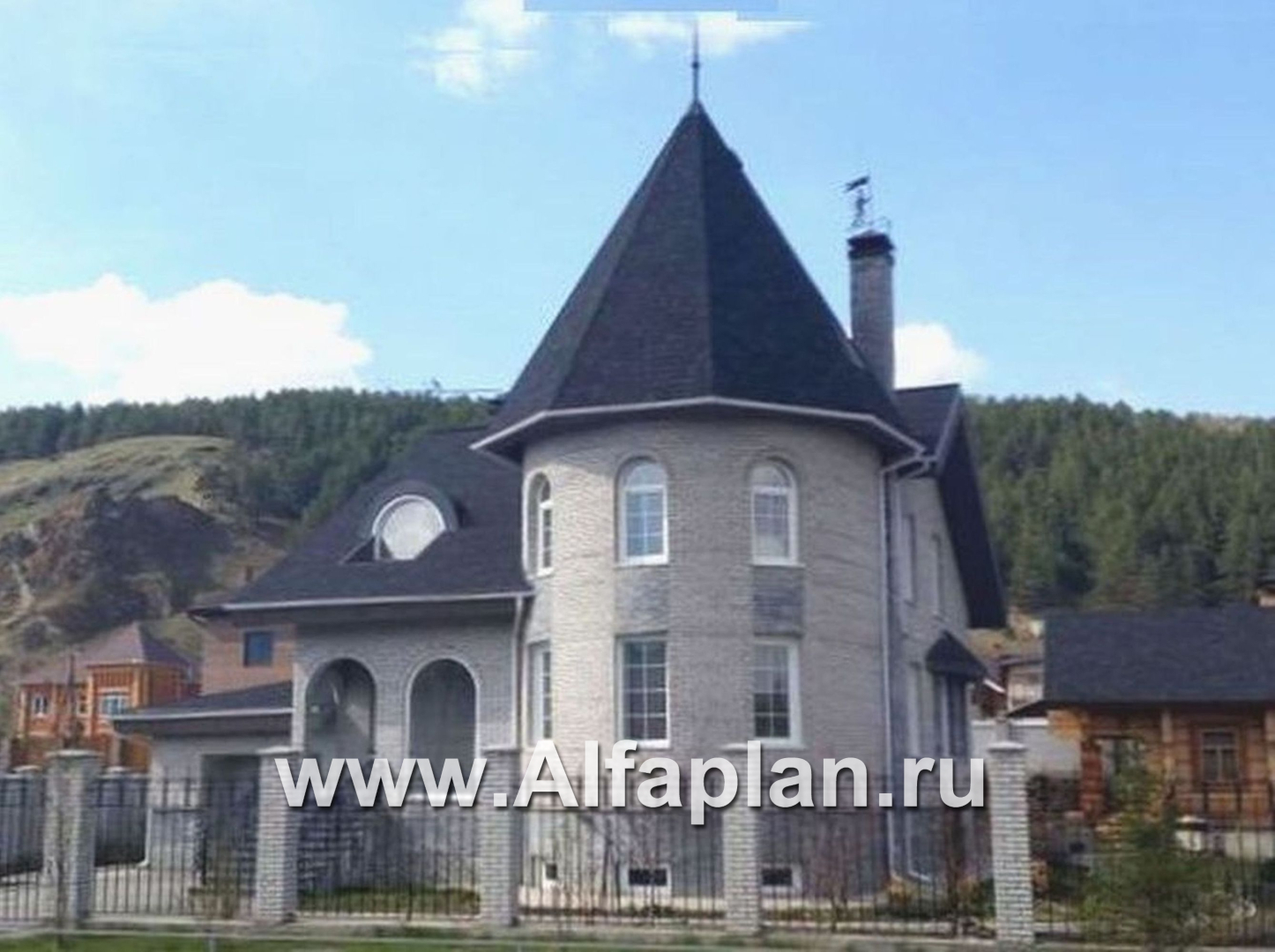 «Камелот» -  проект двухэтажного дома, с эркером башня, с террасой и с гаражом, в стиле замка - дизайн дома №2