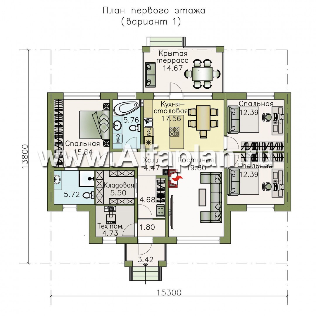 «Безоблачный» - проект одноэтажного дома (дача), с террасой, планировка 3 спальни - план дома