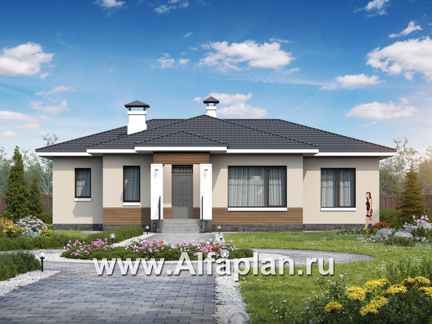 «Безоблачный» - проект одноэтажного дома (дача), с террасой, планировка 3 спальни - основное изображение