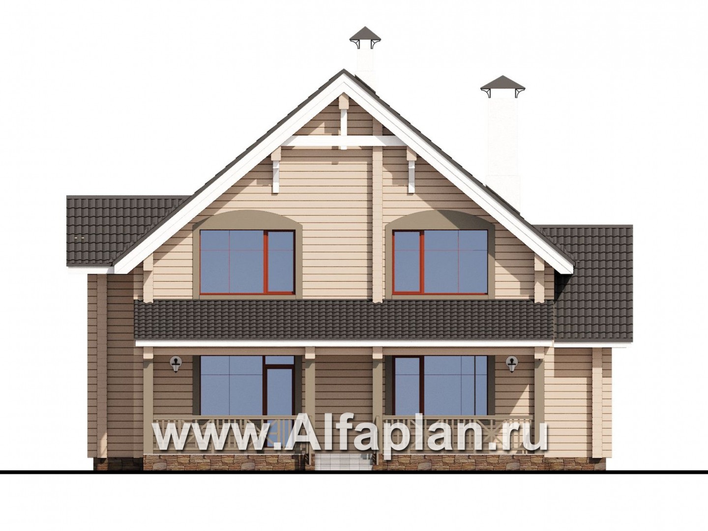 «АльфаВУД» - проект дома с мансардой, из дерева, с террасой - фасад дома