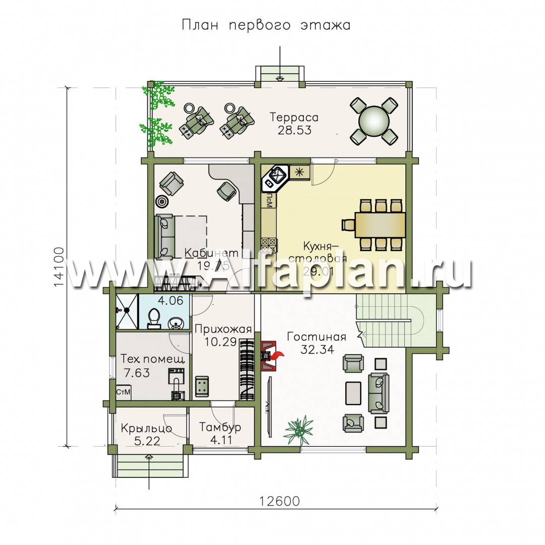 «АльфаВУД» - проект дома с мансардой, из дерева, с террасой - план дома