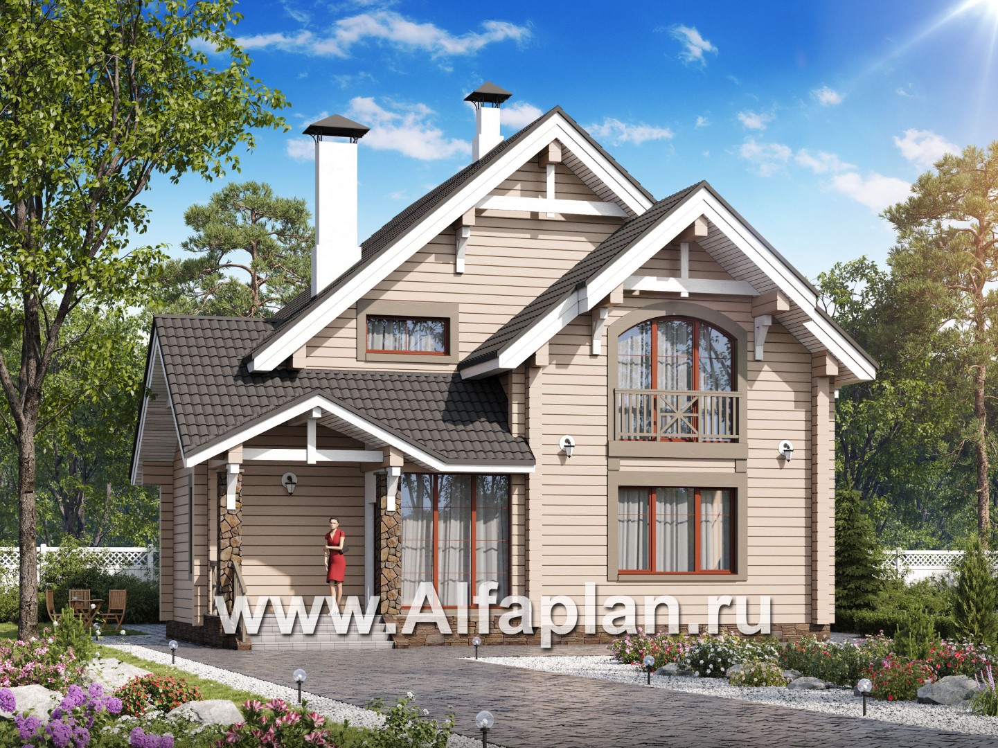 «АльфаВУД» - проект дома с мансардой, из дерева, с террасой - основное изображение
