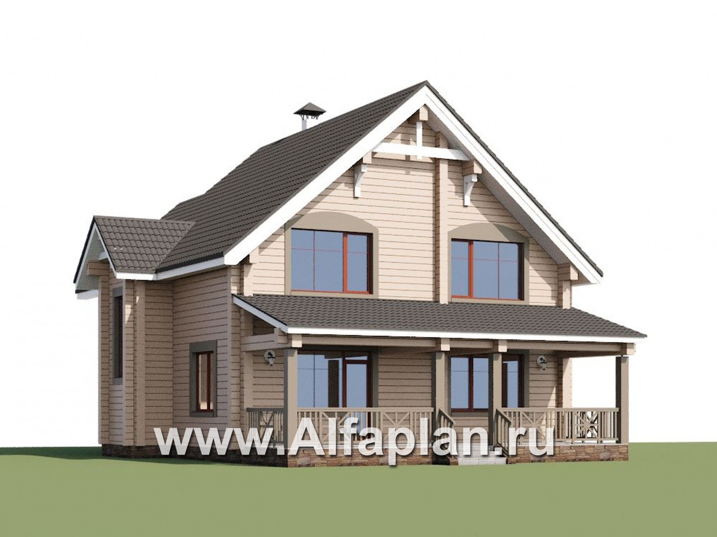 «АльфаВУД» - проект дома с мансардой, из дерева, с террасой - дизайн дома №1