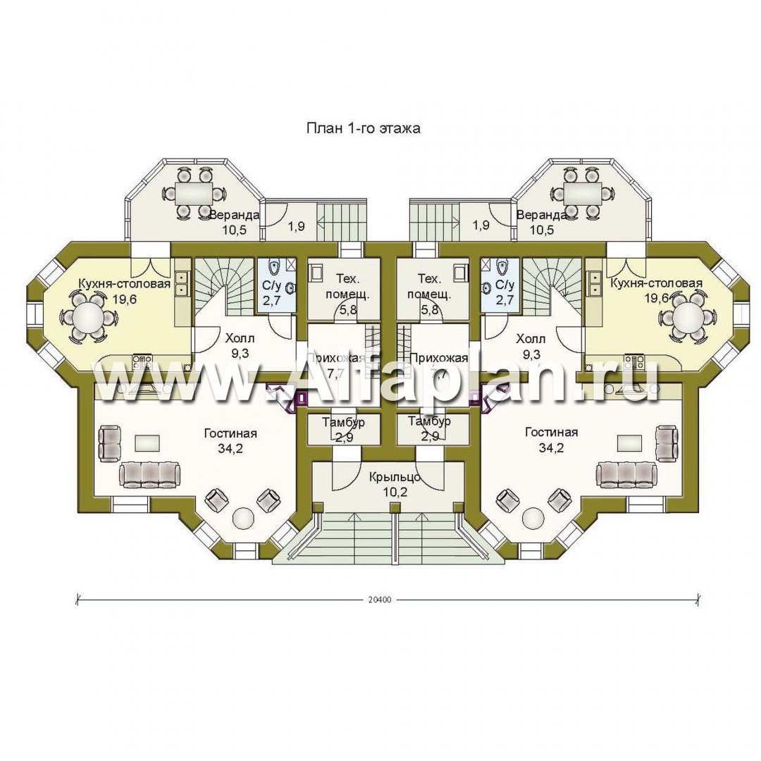 «Поколение» - проект двухэтажного таунхауса,  с верандой и с эркером - план дома