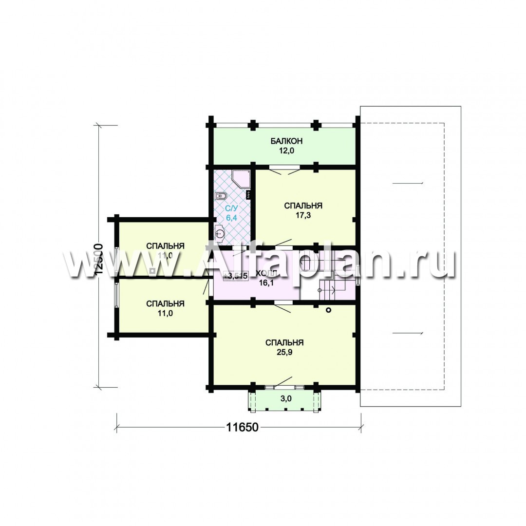 Проект деревянного дома с мансардой, из бревен, с верандой и навесом на 1 авто - план дома