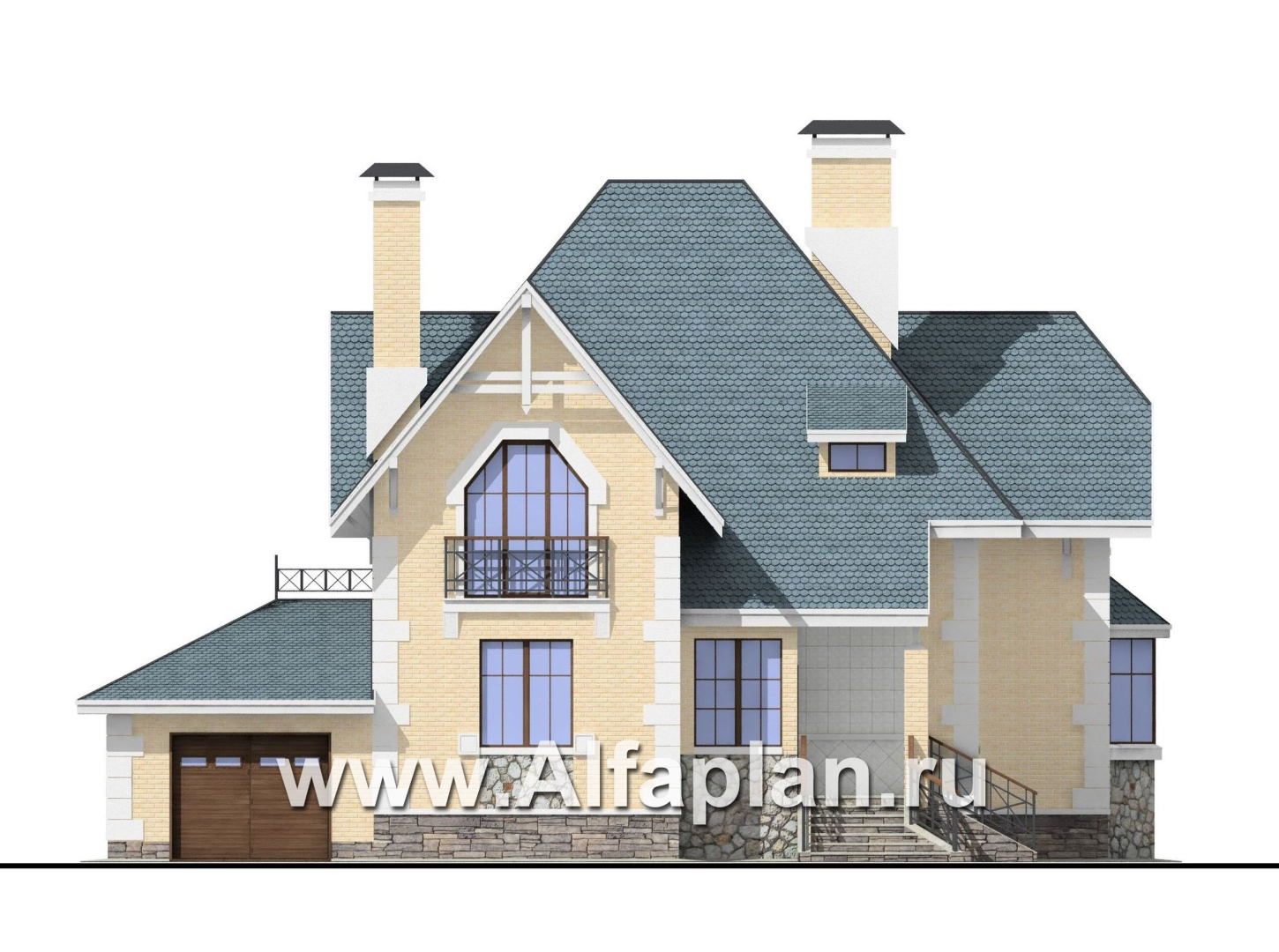 «Приорат» - проект коттеджа с мансардой, кабинет на 1 эт, с террасой и с эркером, с гаражом на 1 авто - фасад дома