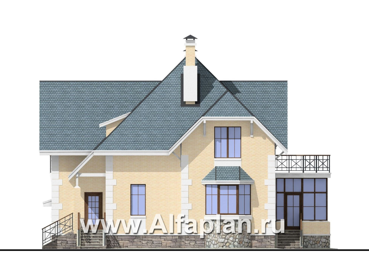 «Приорат» - проект коттеджа с мансардой, кабинет на 1 эт, с террасой и с эркером, с гаражом на 1 авто - фасад дома