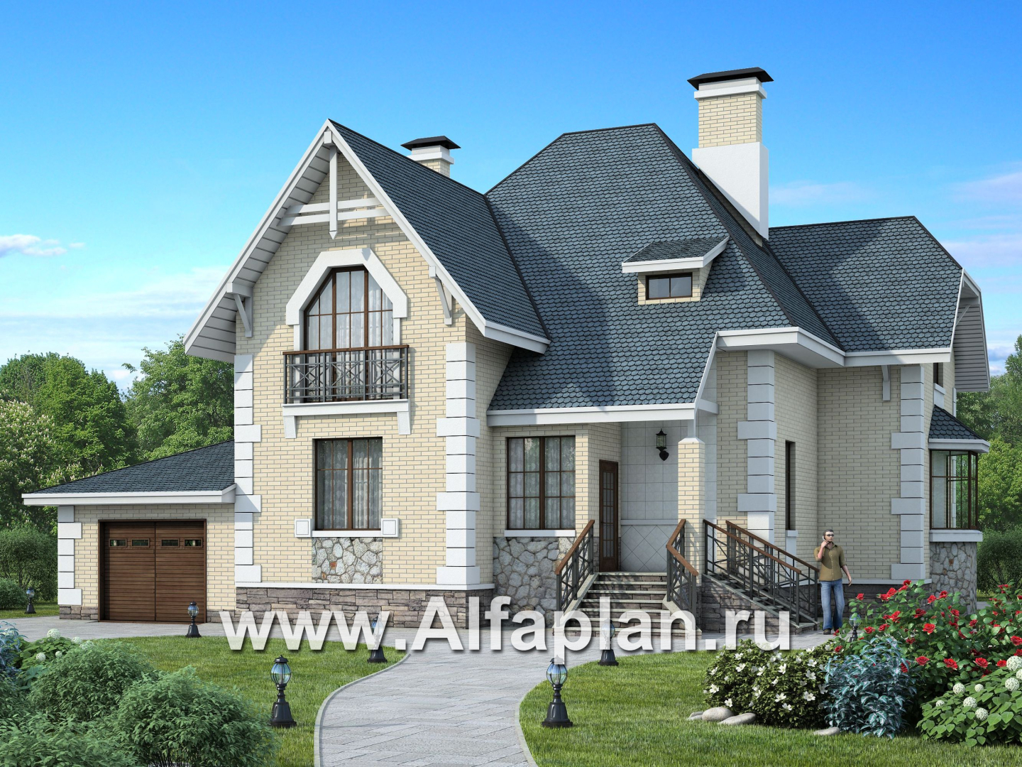 «Приорат» - проект коттеджа с мансардой, кабинет на 1 эт, с террасой и с эркером, с гаражом на 1 авто - дизайн дома №1