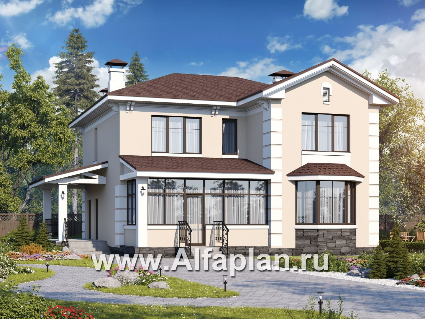 «Галатея» - проект двухэтажного дома с эркером и с остекленной верандой, в стиле эклектика - основное изображение