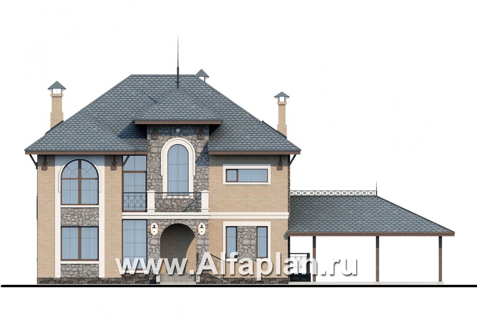 «Айвенго» - проект двухэтажного дома, с биллиардной в мансарде, с террасой и навесом на 2 авто, в стиле замка - фасад дома