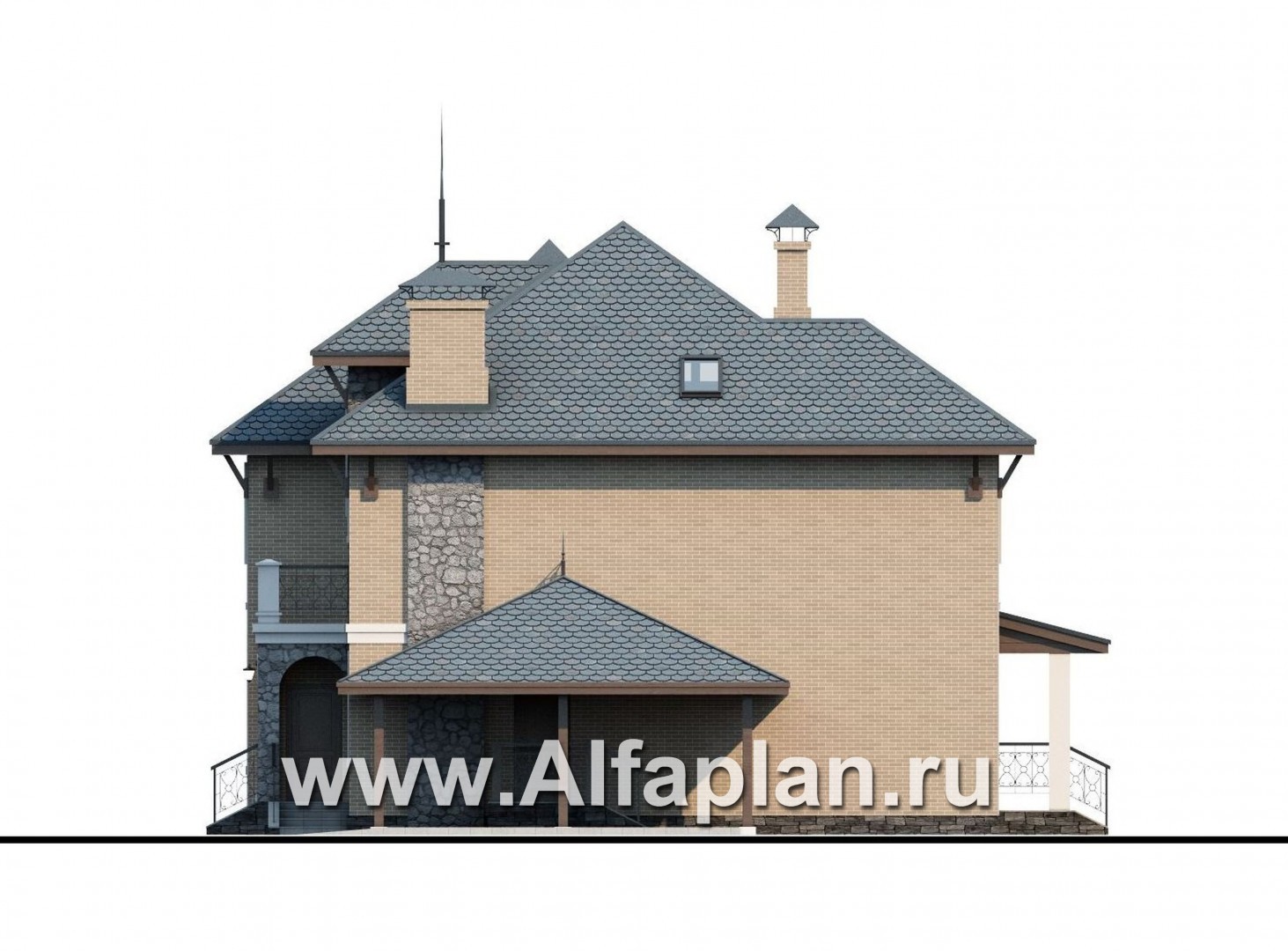 «Айвенго» - проект двухэтажного дома, с биллиардной в мансарде, с террасой и навесом на 2 авто, в стиле замка - фасад дома