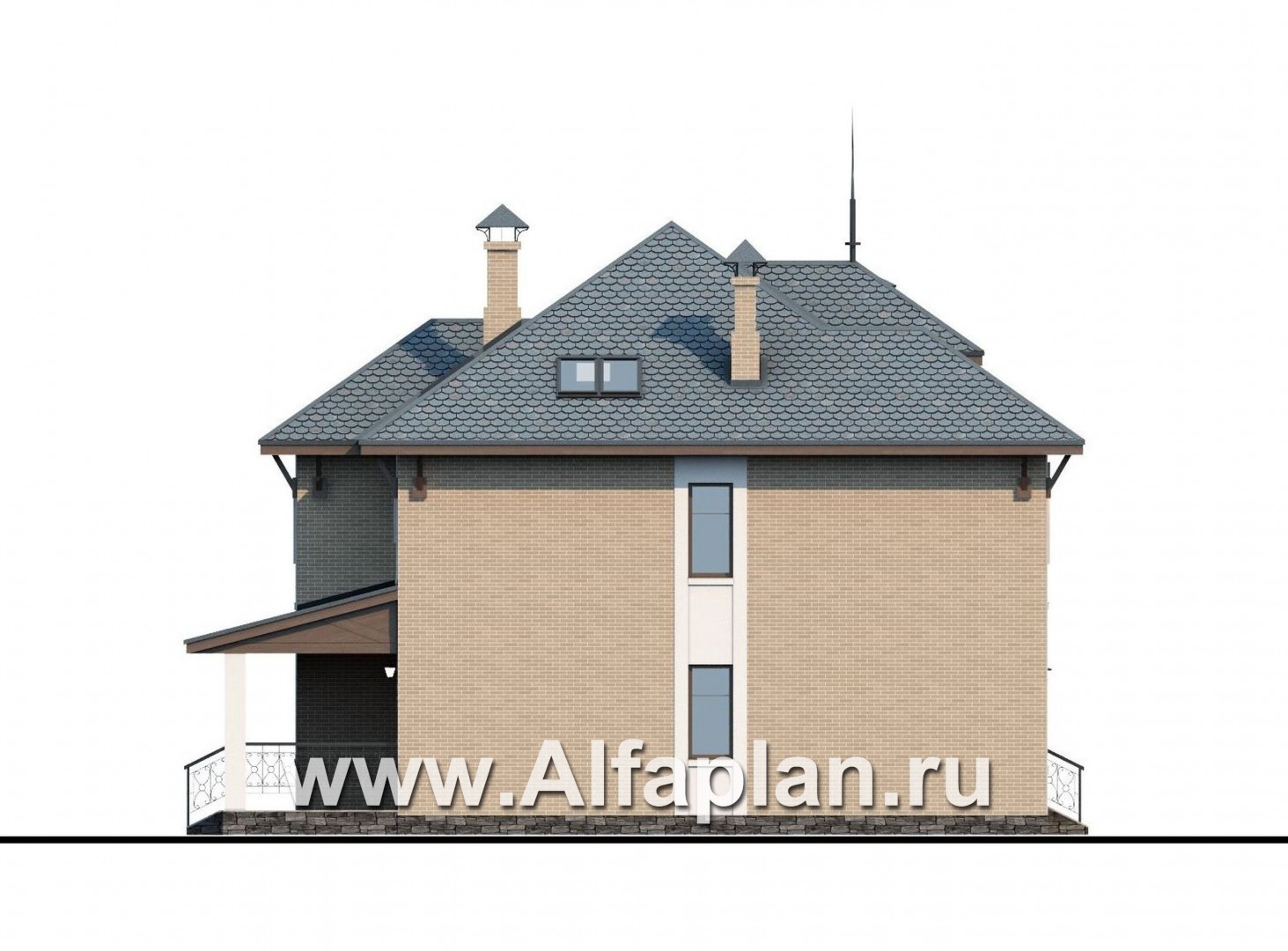 «Айвенго» - проект двухэтажного дома, с биллиардной в мансарде, с террасой и навесом на 2 авто, в стиле замка - фасад дома