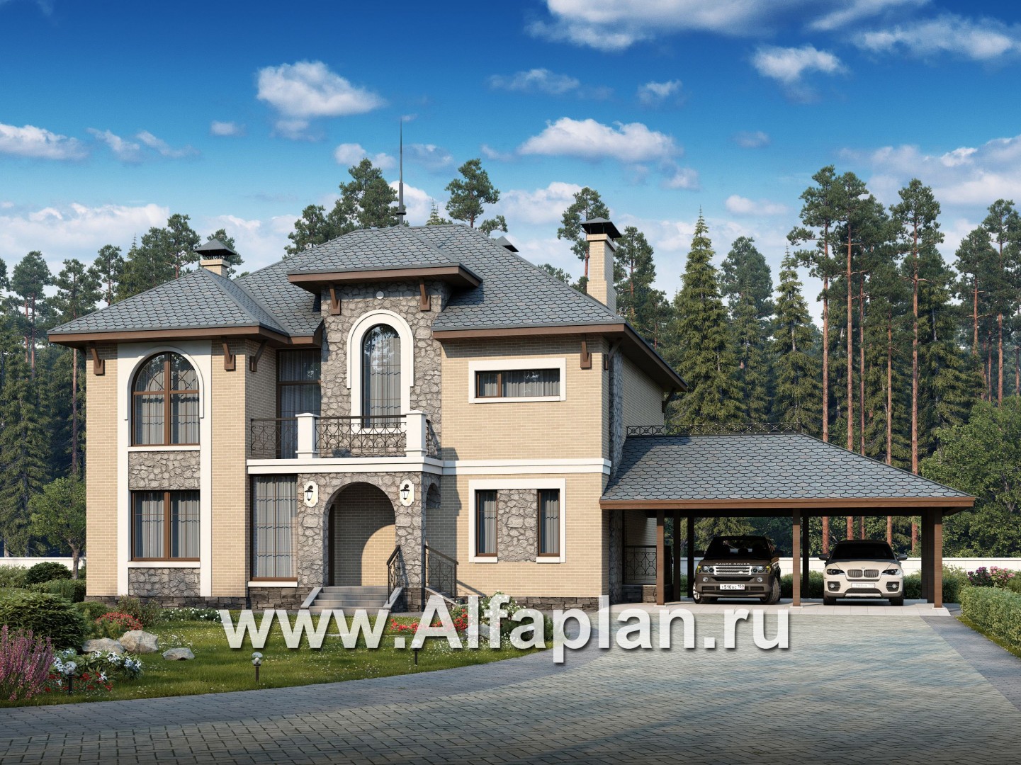 «Айвенго» - проект двухэтажного дома, с биллиардной в мансарде, с террасой и навесом на 2 авто, в стиле замка - основное изображение