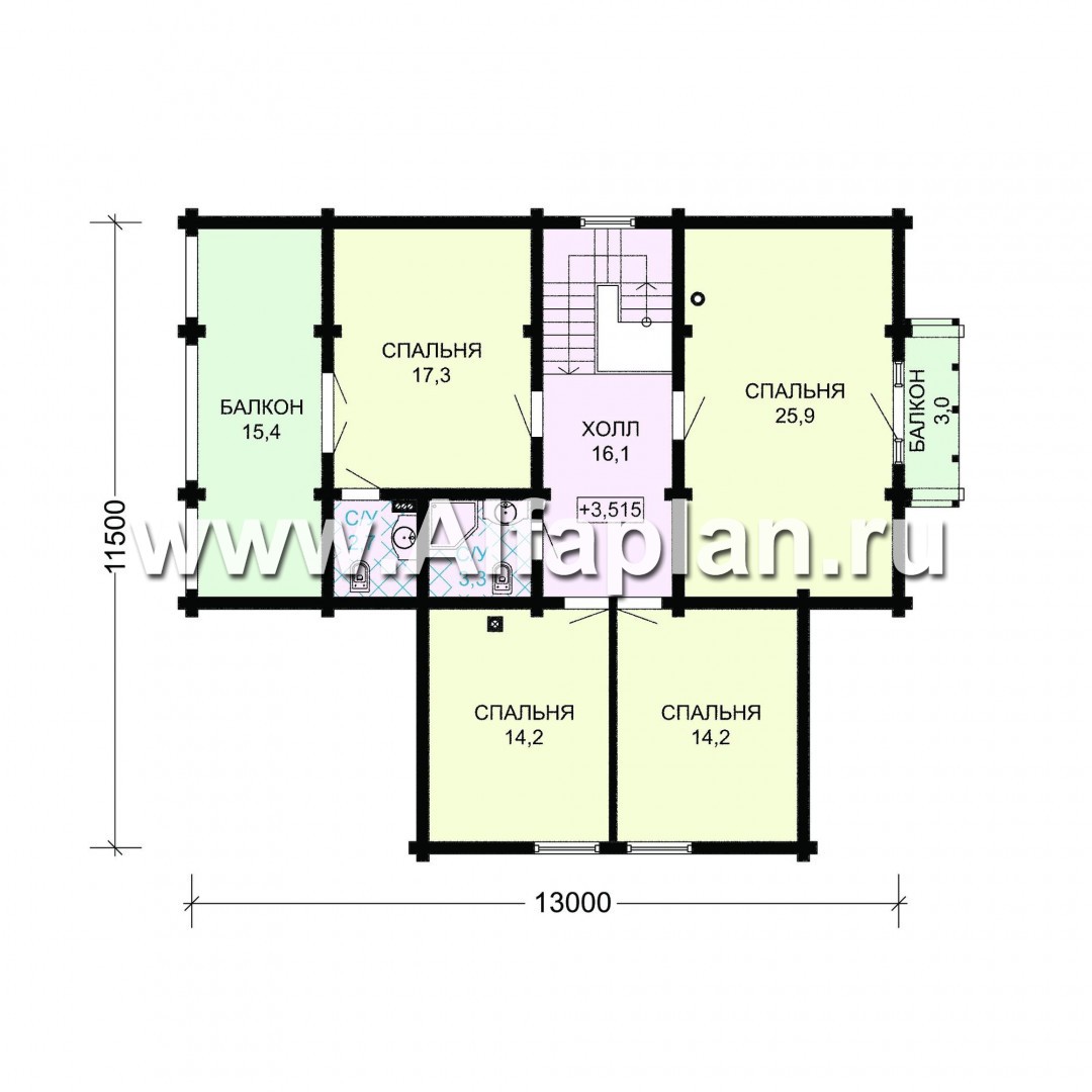 Проект деревянного дома с мансардой, из бревен, с верандой - план дома