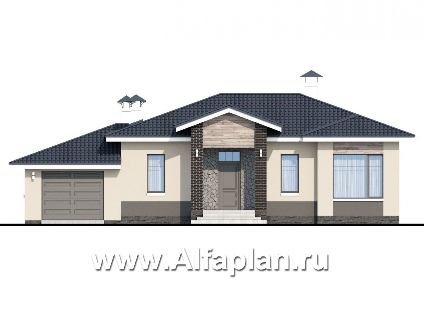 «Бирюса» - проект одноэтажного коттеджа, с террасой, планировка 2 спальни и гараж на 1 авто, для небольшой семьи - фасад дома