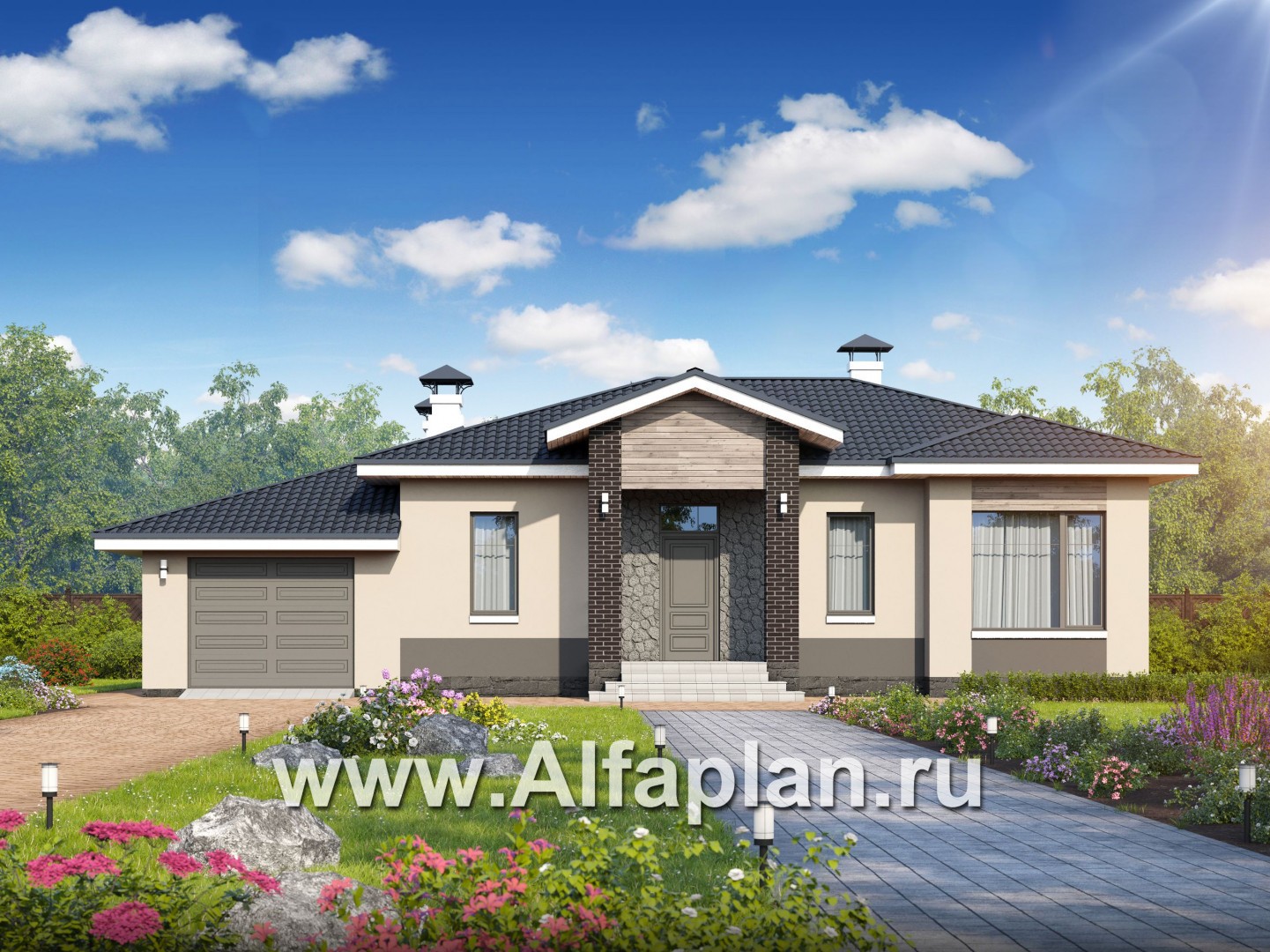 «Бирюса» - проект одноэтажного коттеджа, с террасой, планировка 2 спальни и гараж на 1 авто, для небольшой семьи - основное изображение