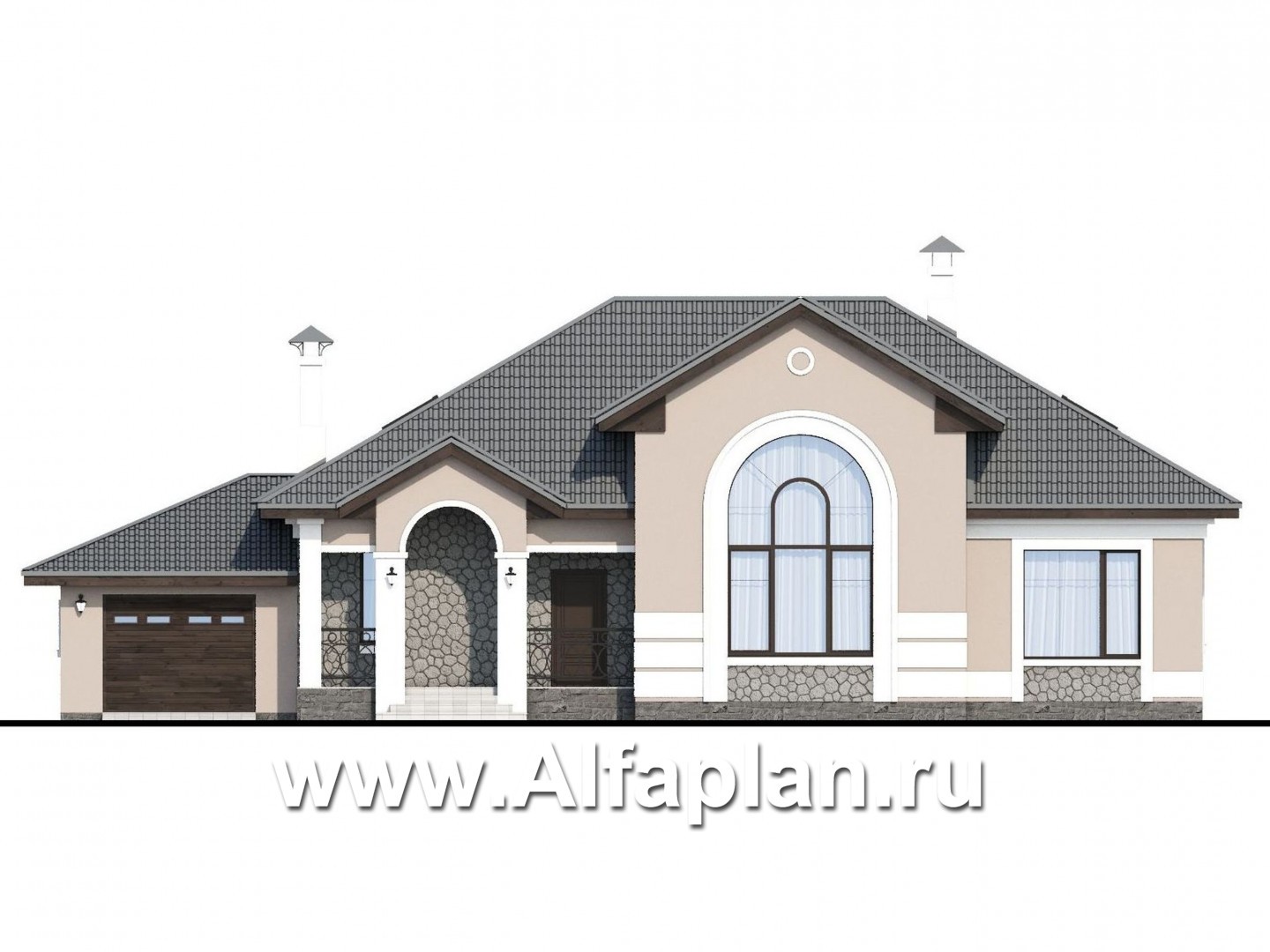 «Волга» - проект дома с мансардой, из газобетона, с террасой, планировка с тремя жилыми комнатами на 1 этаже и вторым светом  и гаражом, с гаражом - фасад дома