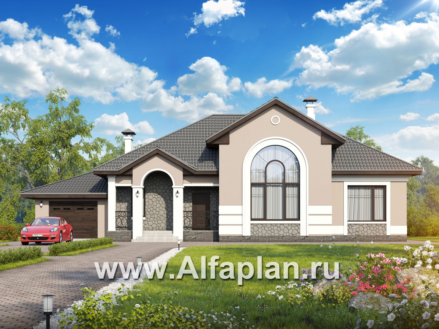 «Волга» - проект дома с мансардой, из газобетона, с террасой, планировка с тремя жилыми комнатами на 1 этаже и вторым светом  и гаражом, с гаражом - основное изображение