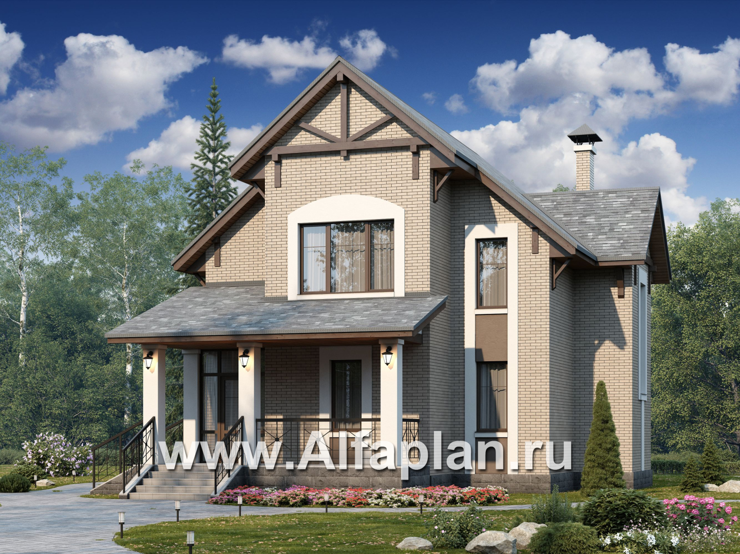 «Белая ночь» - проект дома с фото, мансарда, план мастер спальня, колонны со стороны входа, в классическом стиле - дизайн дома №2