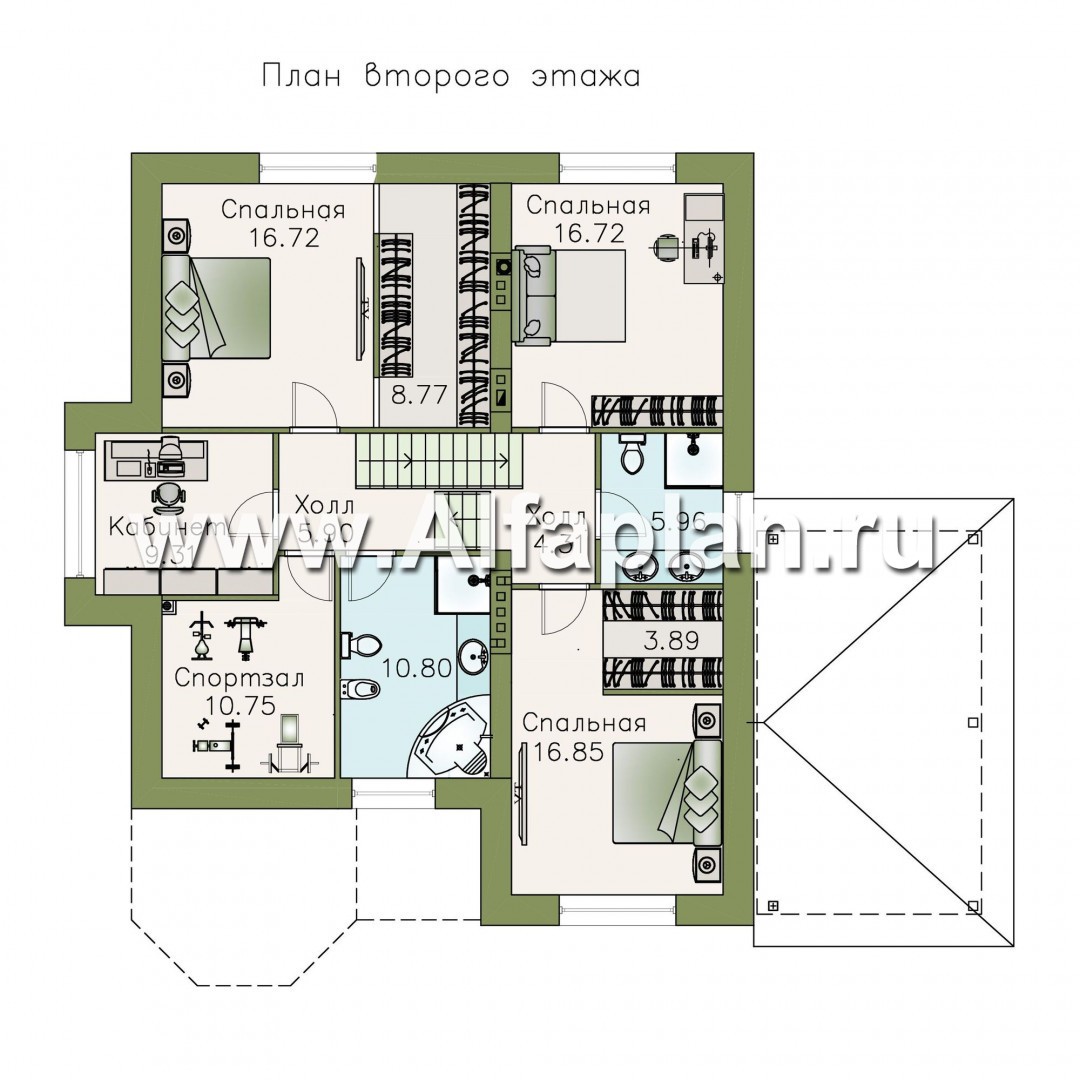 «Корона» - проект дома с мансардой, с эркером и сауной, с гаражом на 1 авто и навесом на 1 авто - план дома