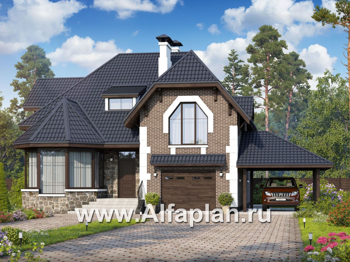 «Корона» - проект дома с мансардой, с эркером и сауной, с гаражом на 1 авто и навесом на 1 авто - основное изображение